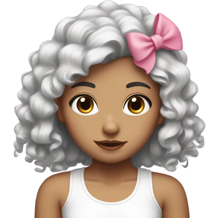 girl with a pink bow and dark brown curly hair wearing a white tank top. Black eye colour. emoji