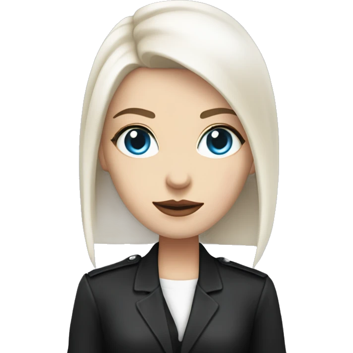 Slavic woman with blue eyes, fair skin, straight gradient medium length hair, goth eyes makeup, dressed in white T-shirt and office black jacket. emoji