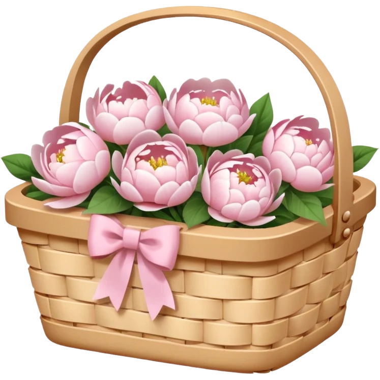 White Picnic basket with light pink bow and white peonies inside emoji