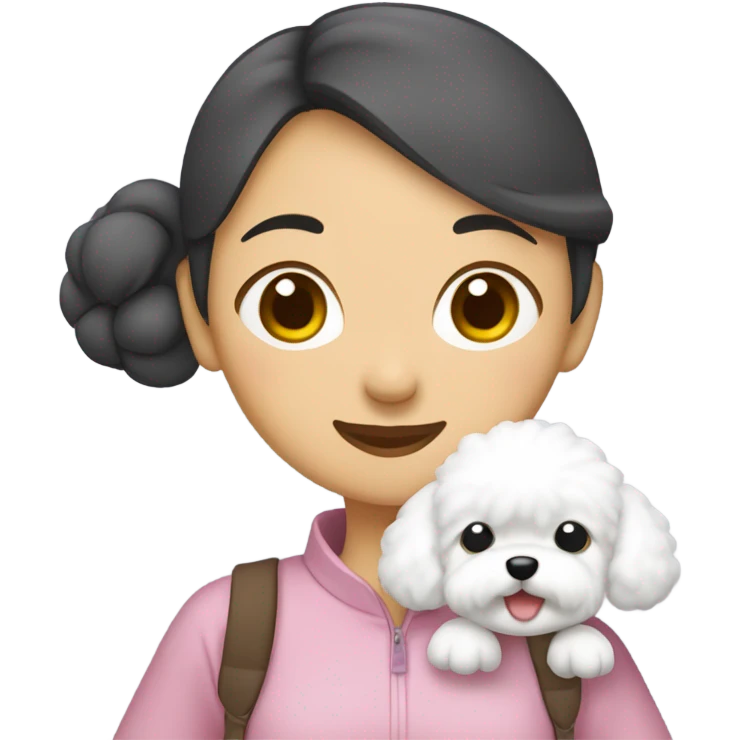 Hair-in-a-bun traveling Asian woman carrying a happy and cute Korean-style bichon frise emoji