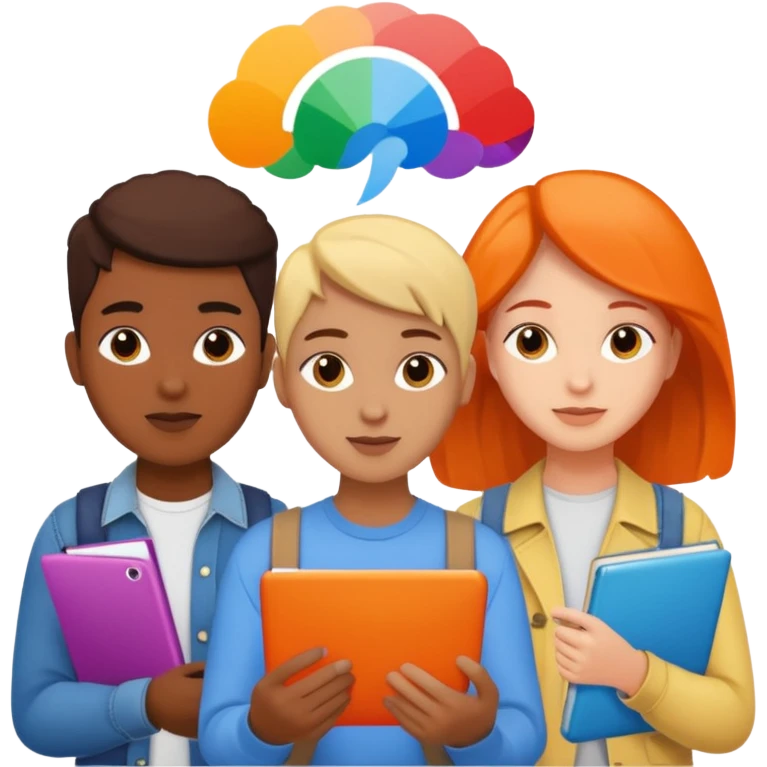 three young people design students brainstorming with colorful materials emoji