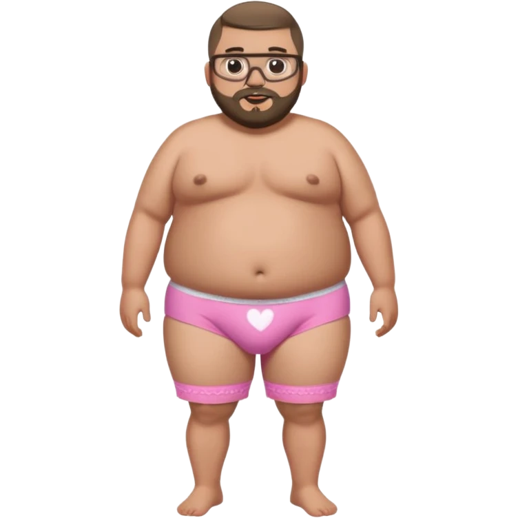 A full body standing, morbidly obese, fat, shirtless mexican guy in his pink and white heart underwear with a buzzcut, a beard, and glasses emoji
