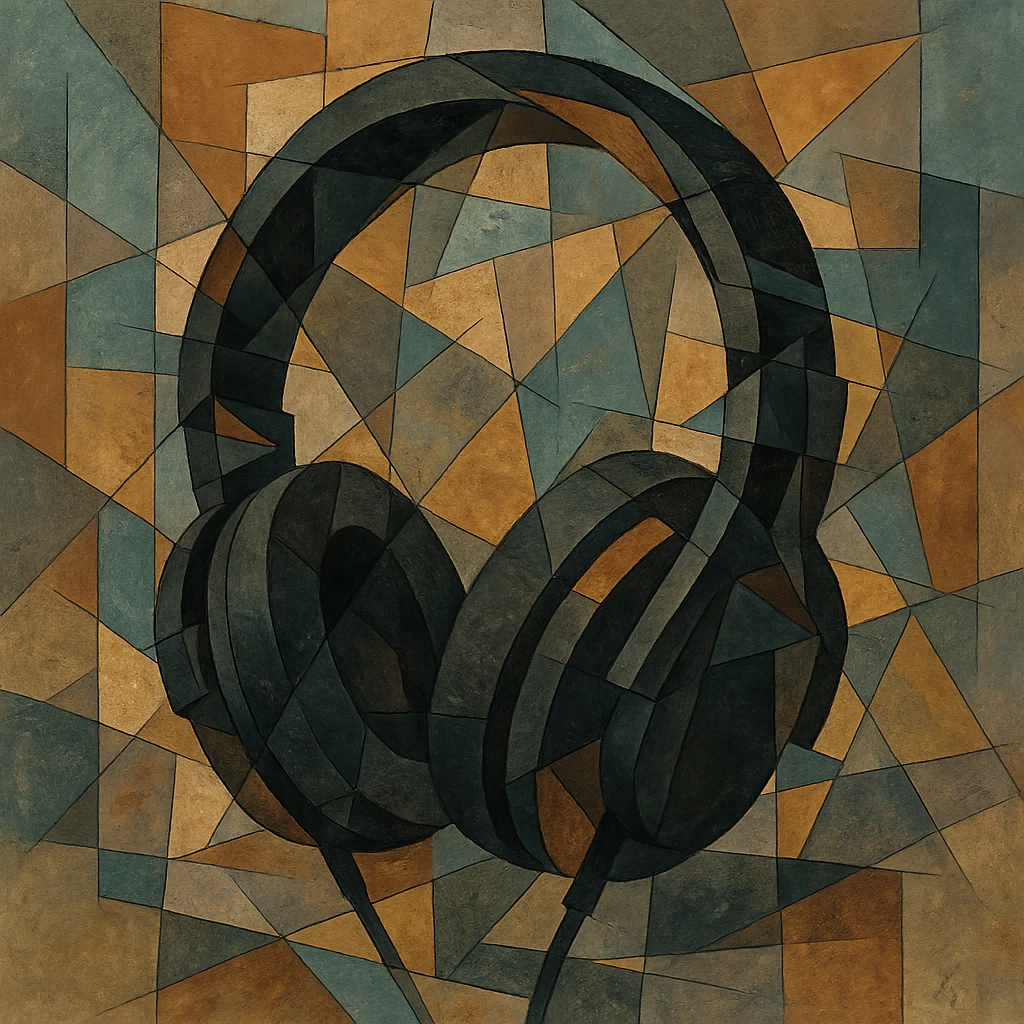 black gothic headphones with fragmented shapes and dark accents, cubist abstraction style emoji