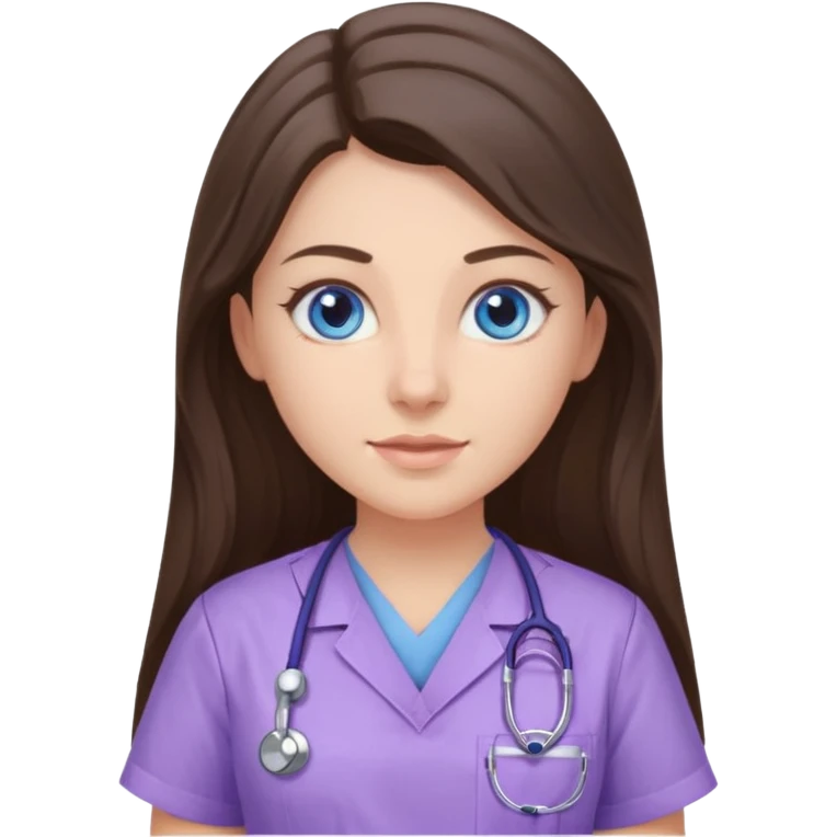 pretty brunette nurse with long hair and blue eyes in lilac scrubs emoji