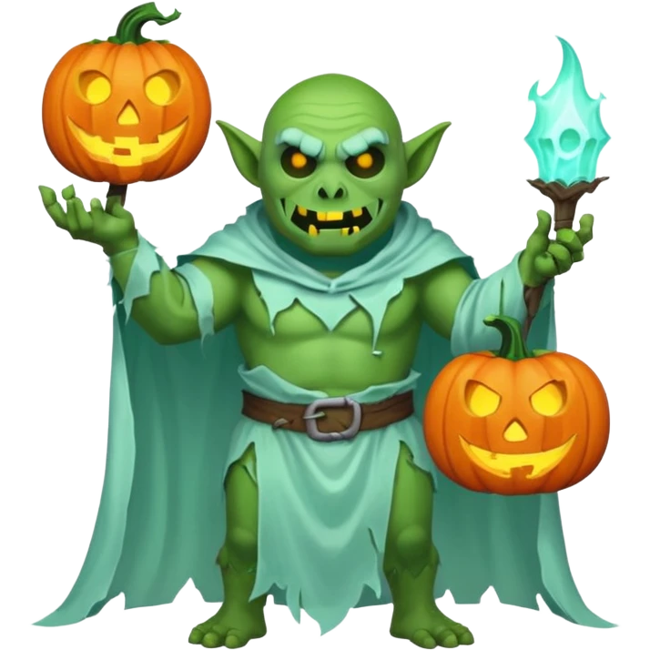 male orc ghost emoji, green skin, tusks, wearing torn white ghost sheet costume, holding glowing jack-o'-lantern, faint blue aura, friendly but spooky expression, Halloween fantasy theme, Apple emoji style, clean white background, square emoji