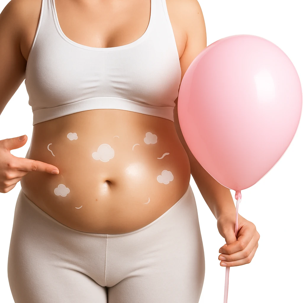 Realistic style edit of the woman identical to the photo with a swollen and protruding abdomen. Add symbols of bloating like small clouds, curved lines, or a glow around the abdomen area. emoji