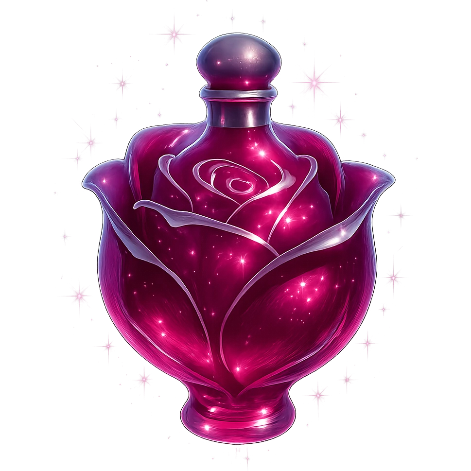 rose-shaped luxurious elixir bottle, deep pink color, iridescent and silver details, very small neck, seamless bottom, transparent background, floating, no base or shadow, modern, matching a collection, extra intense magical glowing and sparkling effects emoji