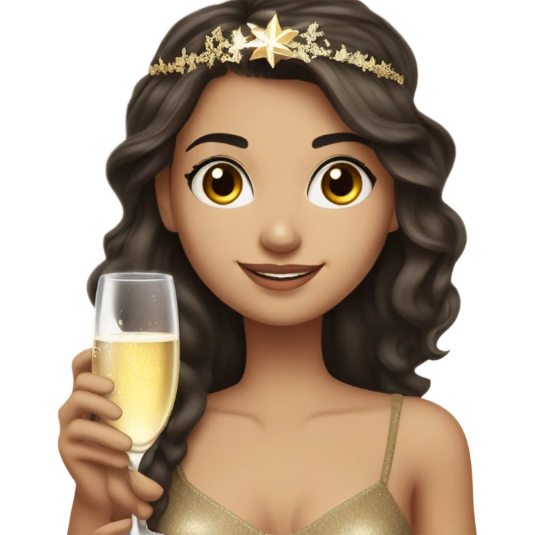 White girl with long dark brown hair and brown eye wearing a happy new year headband and holding a champagne glass emoji