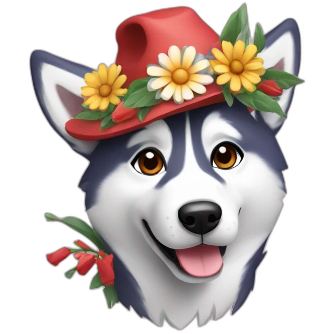 husky dog with a bouquet of flowers in a festive hat emoji