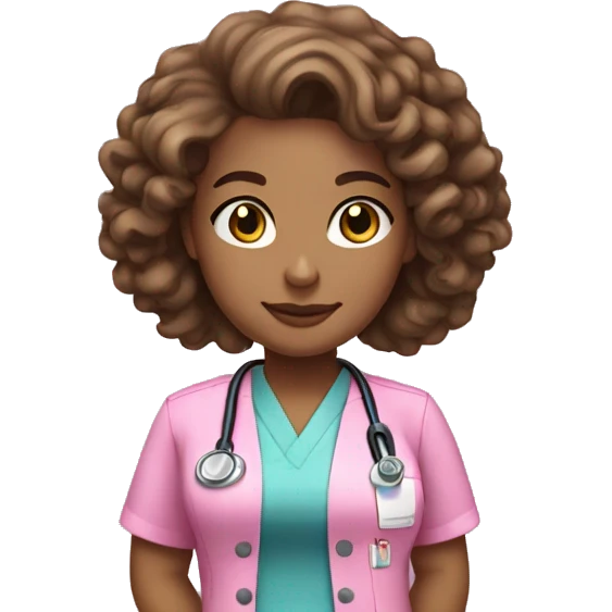 Light skin nurse with brown long curly hair in pink scrubs emoji