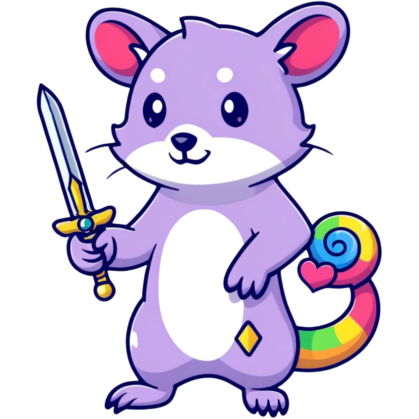 A rainbow-colored possum in heroic pose holding a jewel-encrusted sword, with glitter, hearts, and neon colors emoji