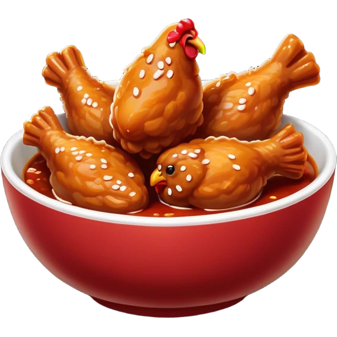 Korean Fried Chicken Cinematic Realistic Korean Fried Chicken Dish Emoji, depicted as bite-sized chicken pieces generously coated in a glossy, spicy sauce, in a bowl. emoji