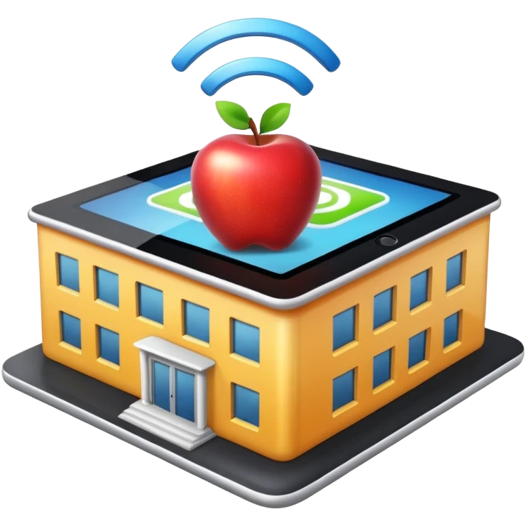 shiny school building with Wi-Fi symbol on the roof and a tablet in front, Apple emoji style, clear details emoji