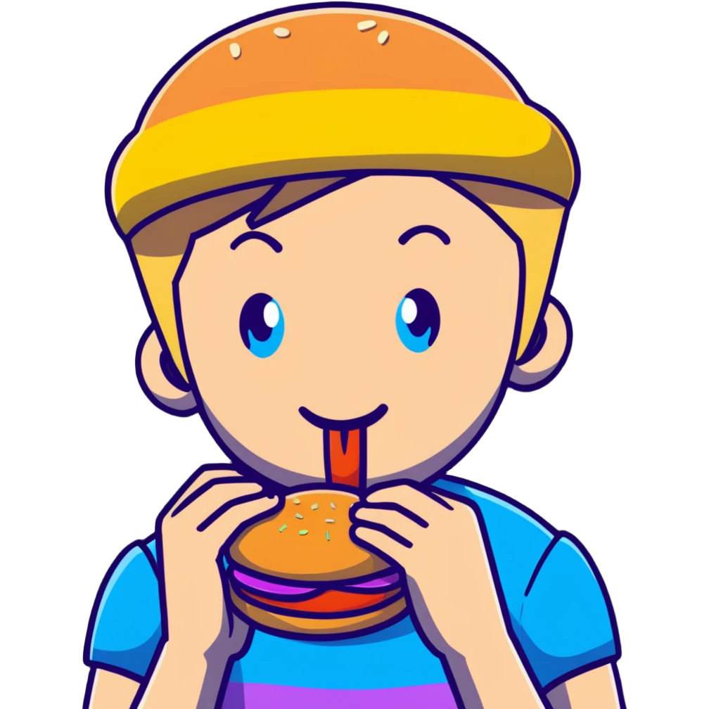 Young blonde guy with blue eyes from LGBT community eating McDonald's burger, rainbow pride details emoji