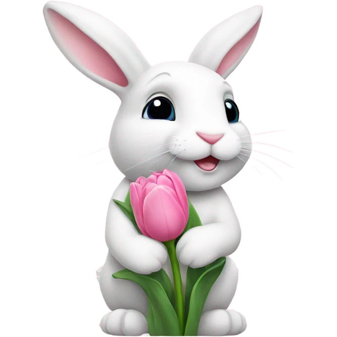 white cute bunny holding pink tulip emoji