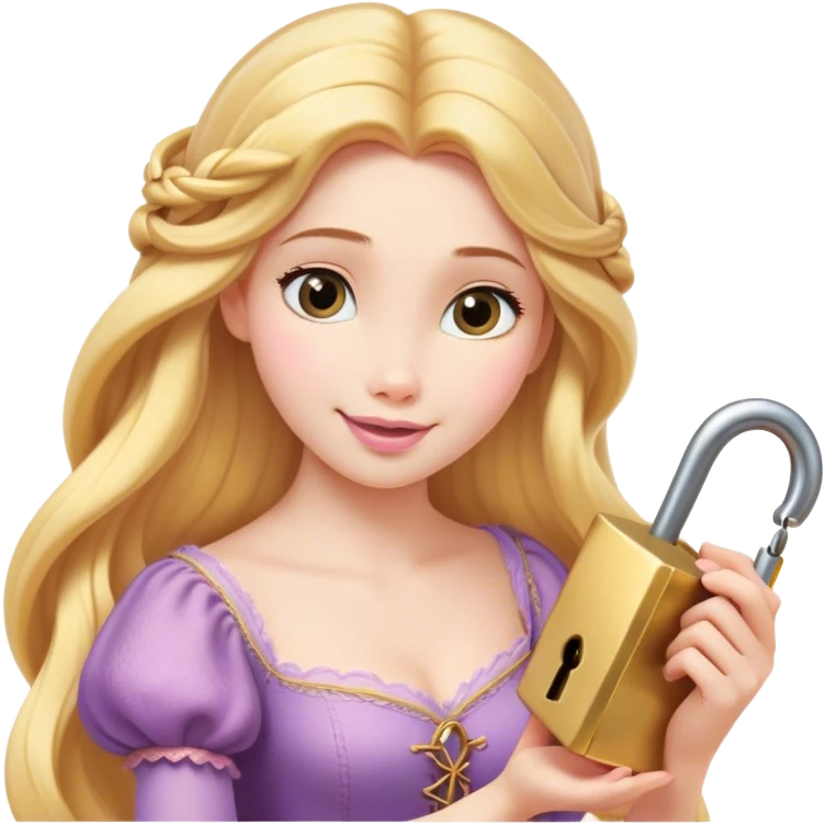 Cinematic Elegant Rapunzel Portrait Emoji, Twirling a lock of her golden hair, dreamy expression, soft pink lips curving into a gentle smile, delicate yet mesmerizing, a princess with a heart full of adventure and beauty! emoji