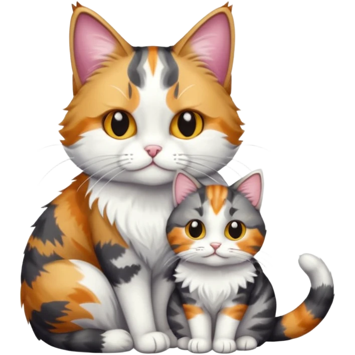 full body colourful light patched calico + white tabby cat cuddling a big dark grey and white tabby cat  emoji