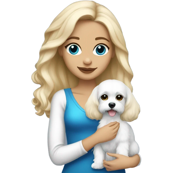 Cute long haired Blonde nightclub girl with blue eyes and holding white cavachon dog emoji