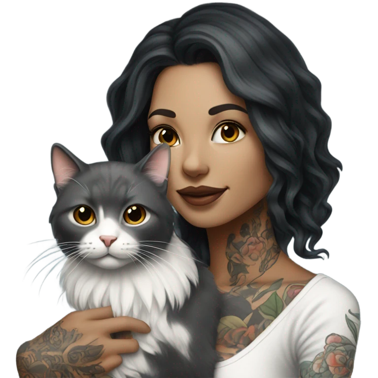 Beautiful dark haired tattooed woman holding gray and white long hair cat emoji