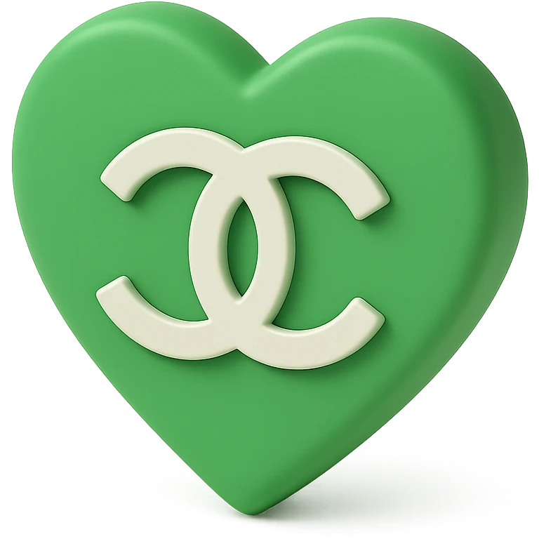 Chanel heart with interlocking C's, 3D green style, shiny, black and white emoji