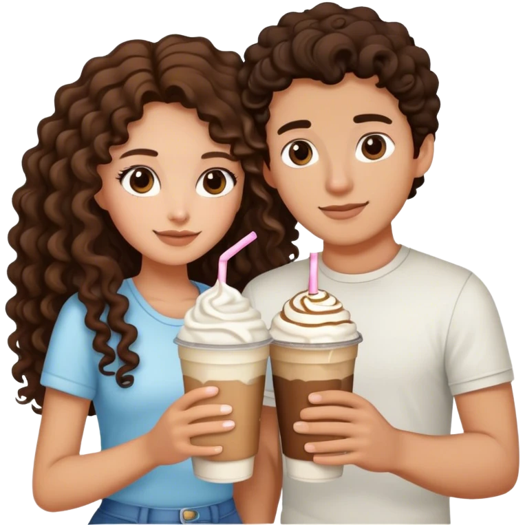 Create an emoji of a brunette girl with long curly hair holding hands with her white boyfriend, both holding a frappe. emoji