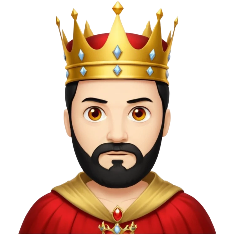 

a yellow king, red eyes, 60 years old, black hair, black beard, wearing a crown, red robe, fierce face emoji
 emoji