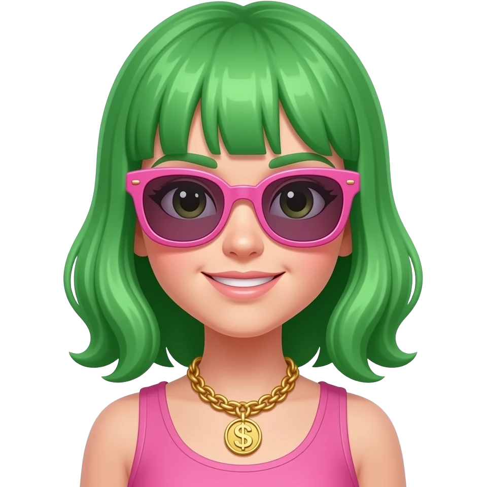 green girl with wealth with pink sunglass on top emoji