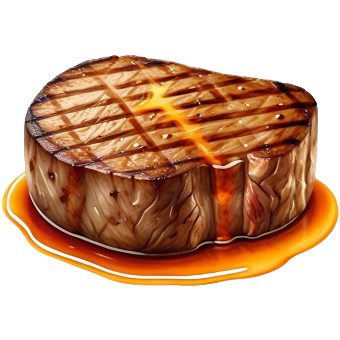 Cinematic thick-cut scotch fillet steak, perfectly seared with grill marks, a grilled center, rich and savory, warm glow, sizzling and mouthwatering, highly detailed and appetizing. emoji