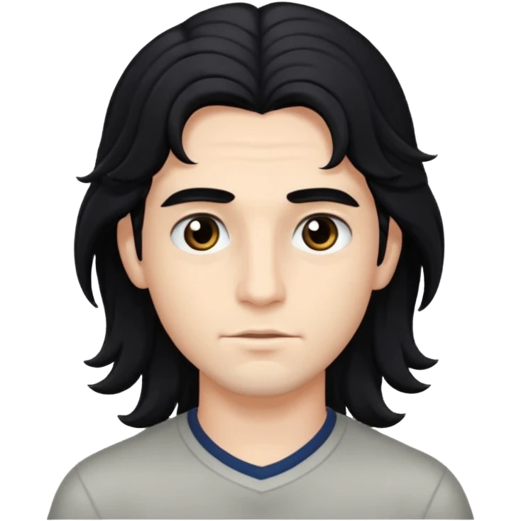 A handsome boy with long, wavy black hair that falls to his eyes, and matching dark eyes and eyebrows.
 emoji