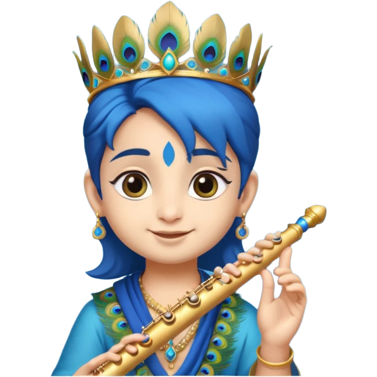 Cute young Krishna emoji, soft blue skin, peacock feather on crown, charming smile, holding a flute, big expressive eyes, round chibi emoji style, divine and joyful look." emoji
