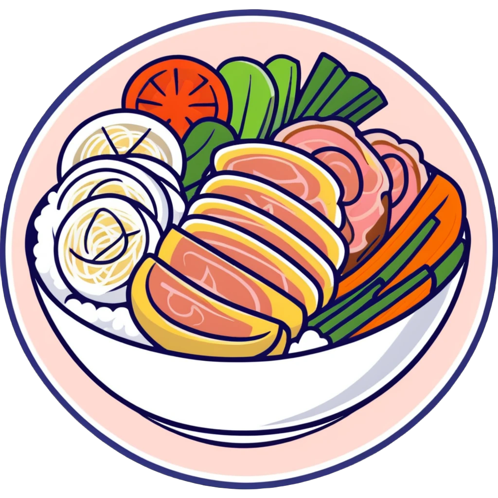 A Vietnamese Bún Thịt Nướng dish with rice noodles, grilled pork, fresh herbs, and vegetables in a bowl emoji