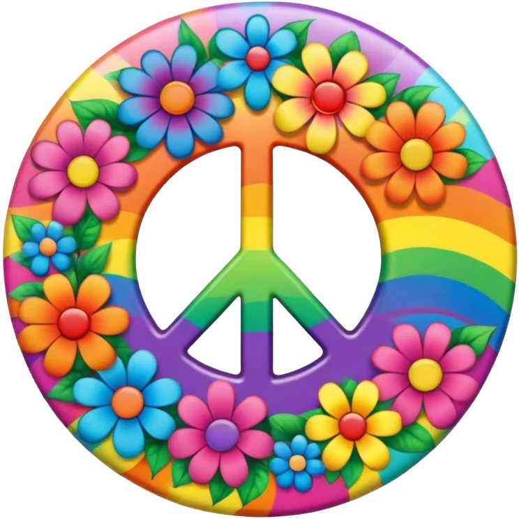 A round psychedelic colored button that says love, peace, and joy with rainbow colored hippie style flowers emoji