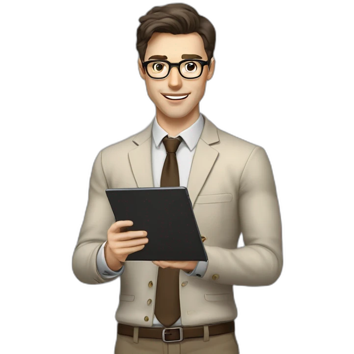 Pale skinned fit man with dark brown hair in gray jacket, beige office shirt, brown tie, brown pants and vintage glasses Writing on the tablet emoji