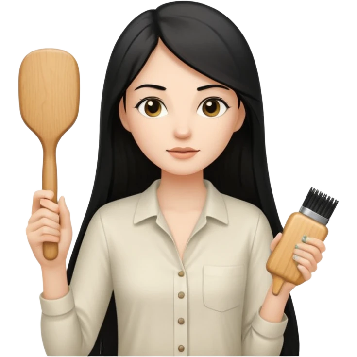 A white woman with long, straight black hair, wearing an ivory-colored shirt, holding a small square wooden paddle hairbrush in her left hand and spraying a hair mist bottle with her right hand toward her hair. emoji