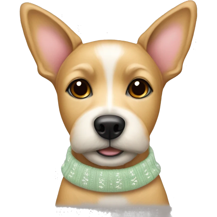 Small/ medium tan terrier Dog with a pastel Christmas sweater and white bow emoji