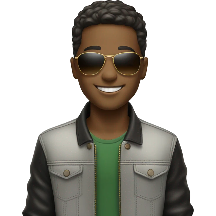 smiling boy in stylish outfit with ray-ban emoji