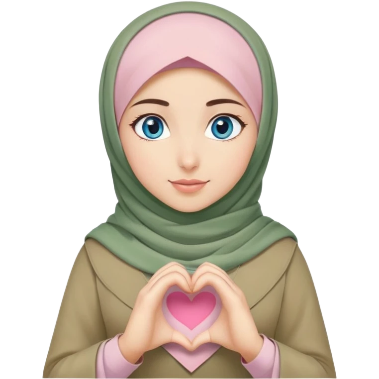 Turkish beautiful finish Konya girl blue eyes with khaki green and light pink hijab islamic dress and making heart with hands emoji