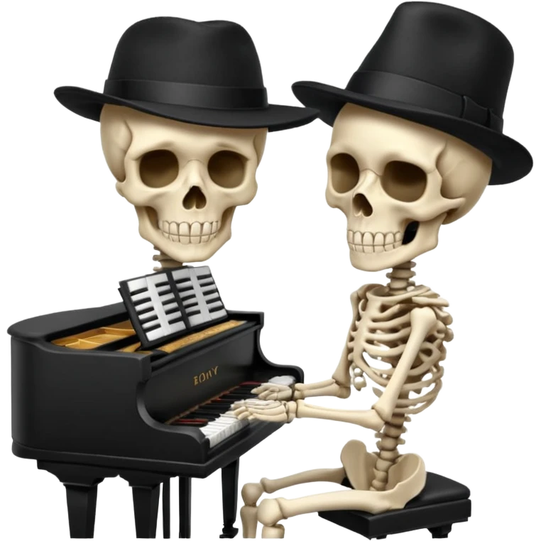 A human skeleton wears a black hat and plays the piano. emoji