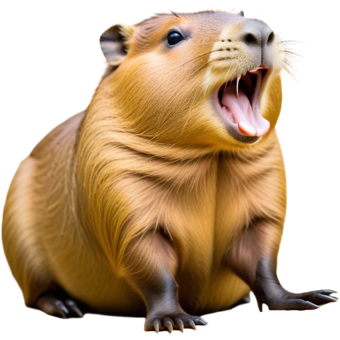 Cinematic Cute Yawning Capybara Portrait Emoji, Head tilted slightly with a dramatic, wide-open yawn, showcasing a plush, rotund body with a gently relaxed capybara face, including a short snout and subtly drooping ears, with drowsy, half-closed eyes rendered in exquisite detail; high shine, relaxed yet expressive, styled with a dash of playful natural charm, soft glowing outline, capturing the essence of a sleepy yet affectionate capybara that appears ready to stretch out for a peaceful nap! emoji