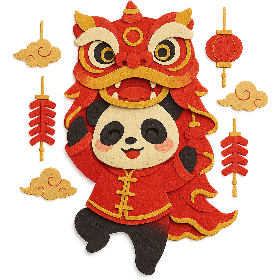 cute panda wearing red and gold Tang suit performing lion dance, head wearing red and gold lion head, both hands holding lion head jumping, background with golden firecrackers, lanterns and auspicious clouds, main color bright red with gold details, rich New Year atmosphere, paper craft style emoji