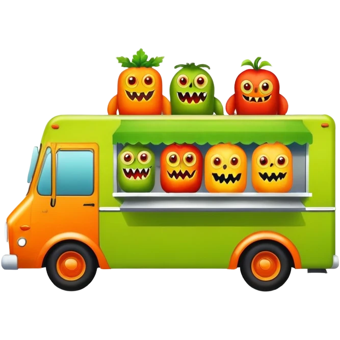 Green foodtruck with monster characters on it in red, orange, yellow emoji