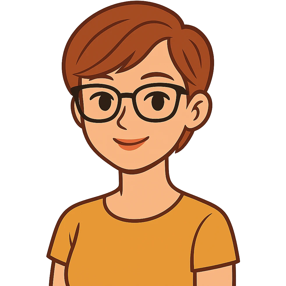 flat toon style woman in her 20s with auburn pixie cut (side part) and glasses emoji