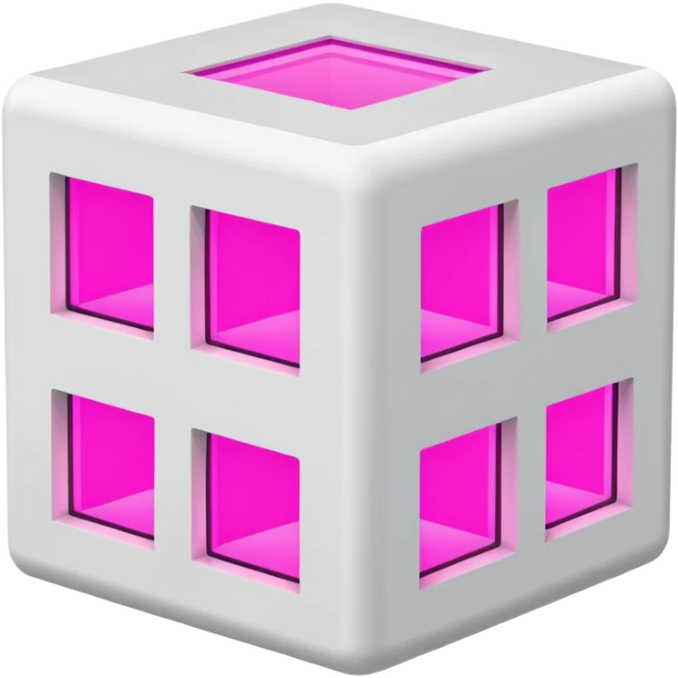 Сделай русскую панельку белого цвета. Она должна быть в виде куба, а также с окнами 3 на 3 на каждом фасаде. Некоторые окна неоново-розовые. Сверху окна нет emoji