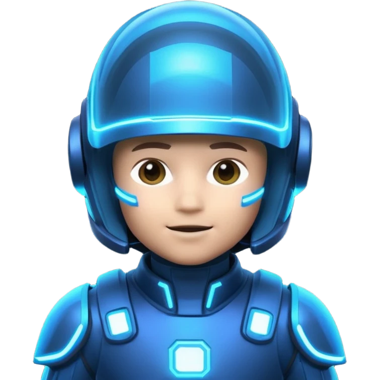 “Futuristic Roblox boy emoji, 2050 style. Blue neon visor, cyber helmet, metallic skin glow, hologram lines, tech-suit with glowing seams, soft neon background.” emoji