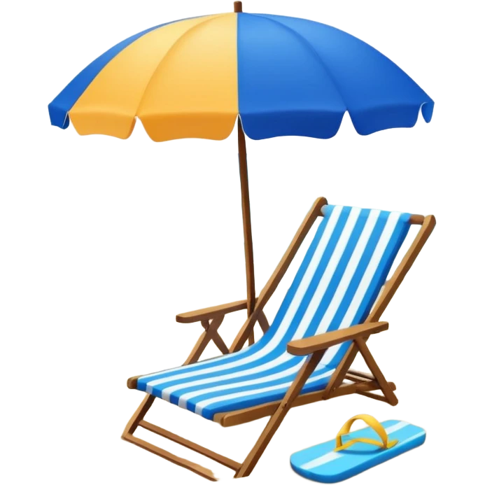 Icon for Beach Tourism: a sunny beach with the sea and waves, a lounge chair, a sun umbrella, and flip-flops on the sandy shore. The background should be a clear, vibrant ocean view with the sun shining brightly. Transparent background. emoji