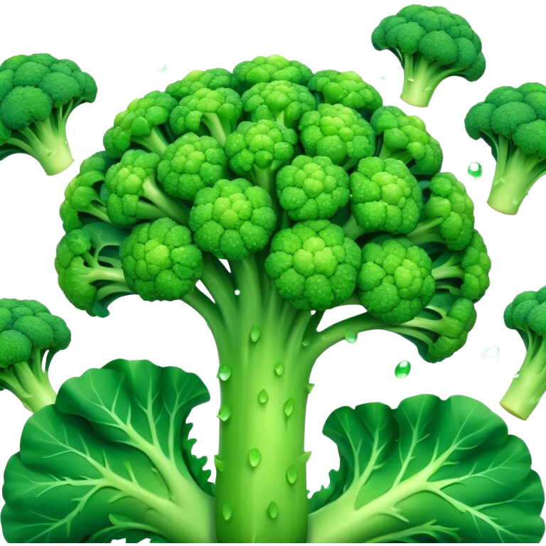 Cinematic lush green broccoli, detailed florets glistening with dewdrops, ultra-fresh and vibrant, soft glowing background, healthy and delicious. emoji