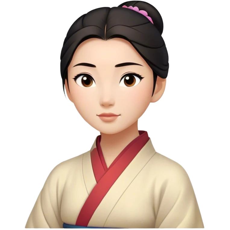 Cinematic Serene Mulan Portrait Emoji, rendered in a simplified vector style. Depict a gentle Mulan (chest and above) with warm, radiant skin, sleek dark hair pulled back in a neat bun, and a calm, thoughtful expression, wearing a simple traditional robe in muted hues. The design glows softly with an elegant, inviting light. emoji