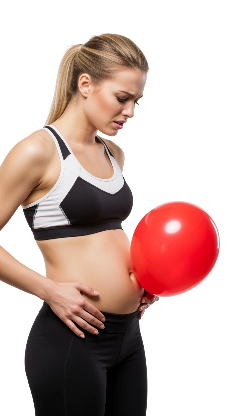 DONNA FITNESS CON PANCIA GONFIA, PALLONCINO ROSSO SULLA PANCIA ED ESPRESSIONE DI DOLORE IN VOLTO, iperrealistico 4k, ISOLATA SU SFONDO BIANCO emoji