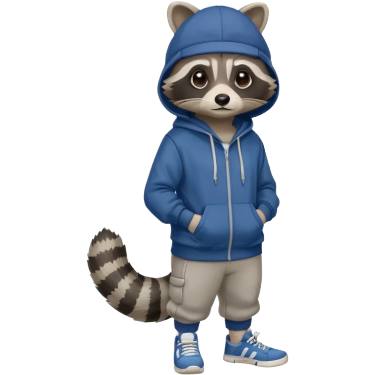 Crear un mapache con líneas que tenga sudadera gorra y zapatillas en varias poses emoji
