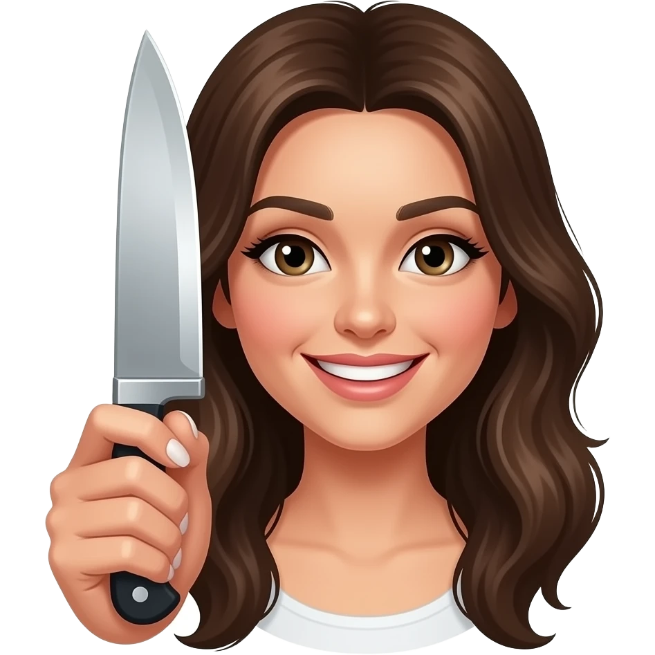 A smiling emoji with a hand with long nails holding a knife emoji